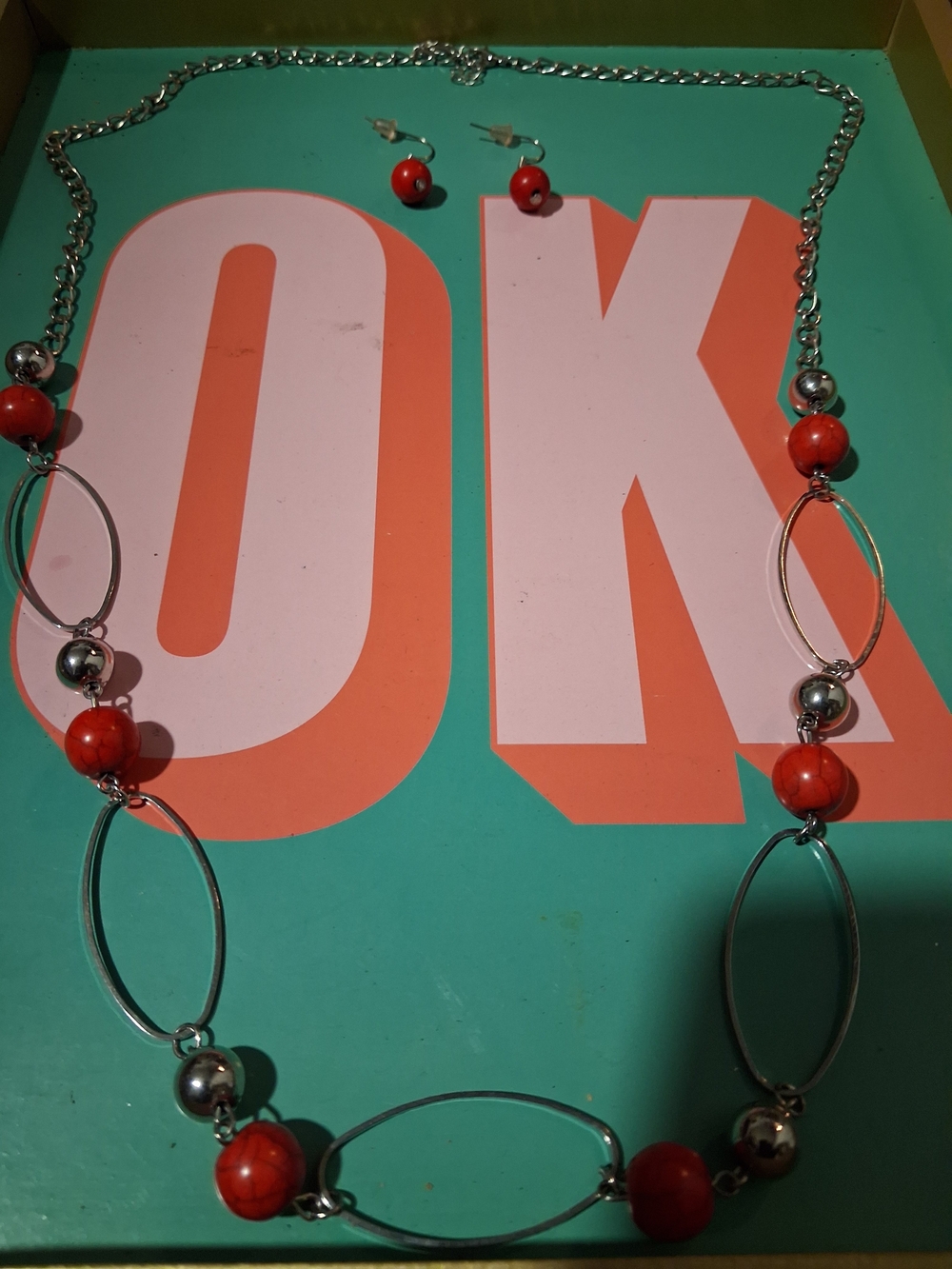 Silver Oval Link Necklace with Coral Red Beads - Women’s Necklace Set